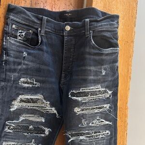 Amiri vintage black distressed bandanna repair denim